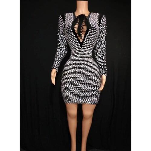 Shining Bandage Hollow Out Crystal Evening Party Dress Women Bodycon Nightclub Prom Rhinestone Dress Sexy Latin Dance Stage Wear