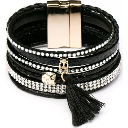 1 pc/lot 2018 New Style Hot Selling Jewelry Bohemian Mixture Tassel Rhinestone Leather Bracelet&bangle Magnetic Clasp