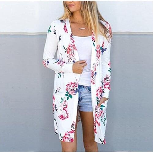 2017 winter printing flower open stitch long jacket outwear fashion pocket coat for women Chaqueta Mujer