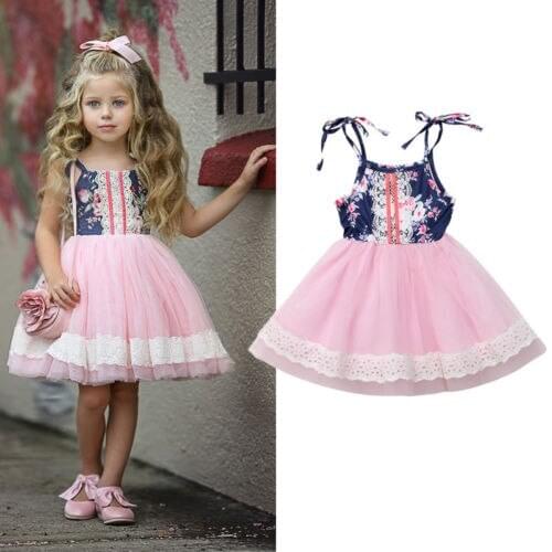 2018 Brand Toddler Kids Baby Girls Tulle Floral Pageant Party Sleeveless Formal Gown Dress Size 1-5T