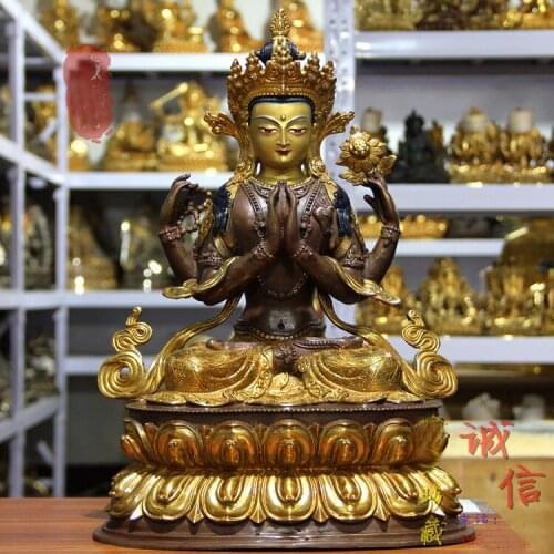45CM large GOOD buddha statue Southeast Asia Buddhism Gilding golden safety Guanyin Four-armed Avalokitesvara buddha statue