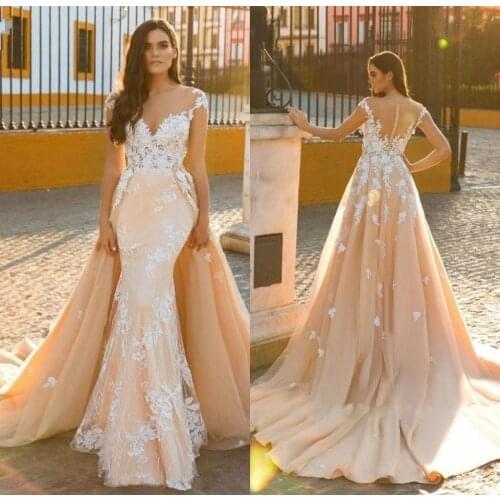 Abnehmbare Zug Meerjungfrau Brautkleider Brautkleider Vintage Applique Scoop Stickerei Tüll 2 In 1 Anpassen Gemacht