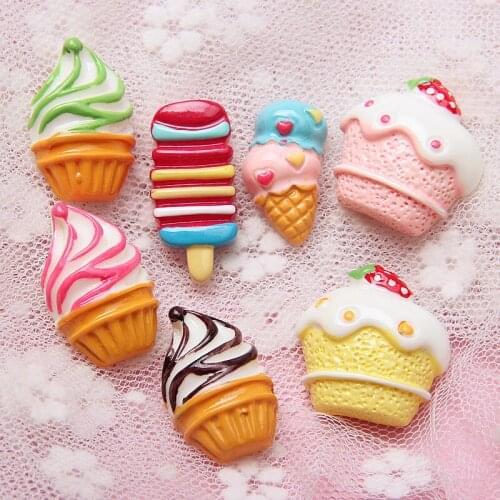 Free Shipping 10pcs Kawaii Ice Cream Resin Cabochons Flatback Ornament Accessories Girls Hair Bow Center DIY photo Frame Decor