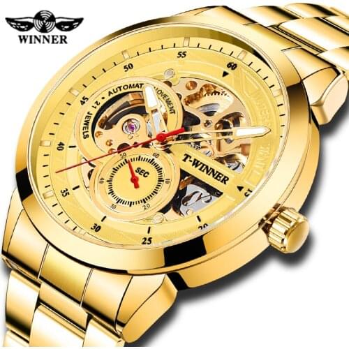 Top Luxury Brand Forsining Mens Mechanical Watch All Gold Stainless steel Luminous Hands Automatic Self wind Men Watch