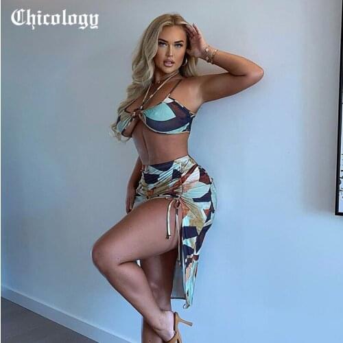 Chicology Women Summer 2021 Multi Print Short Skirts Sets Crop Tank Top Irregular Slit Side Bodycon Casual 2 Pieces Sets
