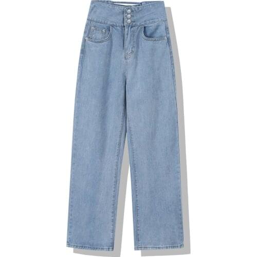 2021 New Womens Jeans Streetwear High Waist Straight Femme Denim Trouser Vintage Baggy Fashion Buttons Ladies Wide Leg Pants