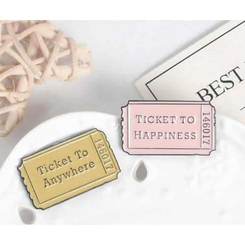 Ticket Lapel enamel Pins Badges Pink Yellow happiness Brooches Rectangle Tickets Pin Denim jackets Shirt Jewelry Anywhere can go