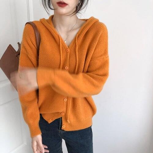 Sweater Cardigan Women Spring Long Sleeve Hooded Coat Korean Fashion Orange Green Pink Knitting Cardigan Loose Casual Top Female