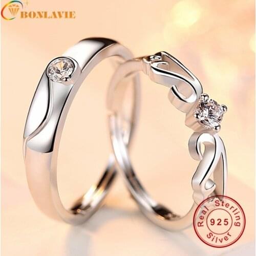 BONLAVIE 925 Sterling Silver Couple Ring Creative Men Angel Wings Proposed Valentines Day Gift
