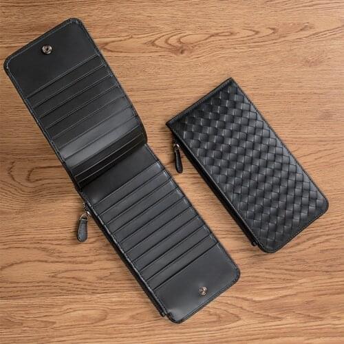 Cow Leather Card package mens ultra-thin fashion large-capacity anti-theft brush Ms simple wallet long multi card slot BV weave