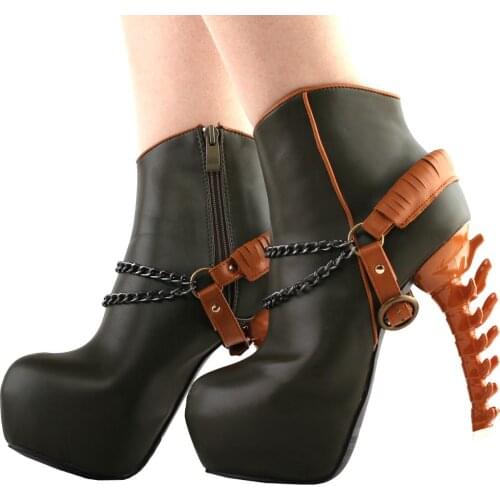 LF80680 SHOW STORY Vintage Rockabilly Two Tone Buckle Chain High-top Bone Platform Ankle Boots