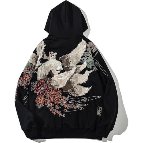 Makuluya New Nine Tailed White Fox Peony Embroidered Hooded Jacket Pullover Hoodies Loose Velvet Lining Men Boys Fashionable L