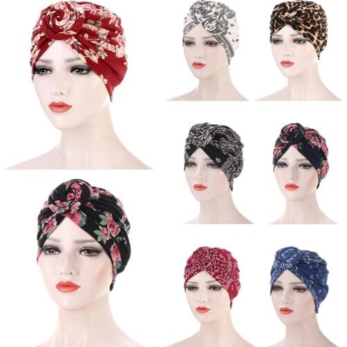 Fashion Floral Printed Muslim Hijab Turban Round Top Knot Bonnet Hat Flower Head Cover Headscarf Bohemian Women Muslim Cap 2021
