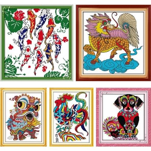 Cross Stitch Embroidery Needlework Kit Stamped 11CT 14CT Printed Counted Thread Crafts Home Decor Auspicious Animal Patterns Set