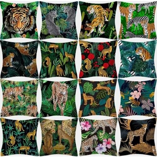 Tropical Jungle Animal Cushion Cover Polyester Tiger Leopard Printed Pillow Case Decorative Sofa Cushions Palm Leaf Pillowcover