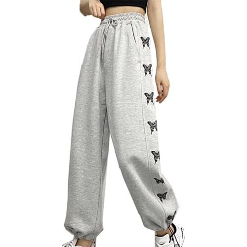 Street Style Straight Jogging Pants Korean Womens Pants Harajuku Butterfly Printed Punk Wide Leg Pants Gothic Hip Hop Pants