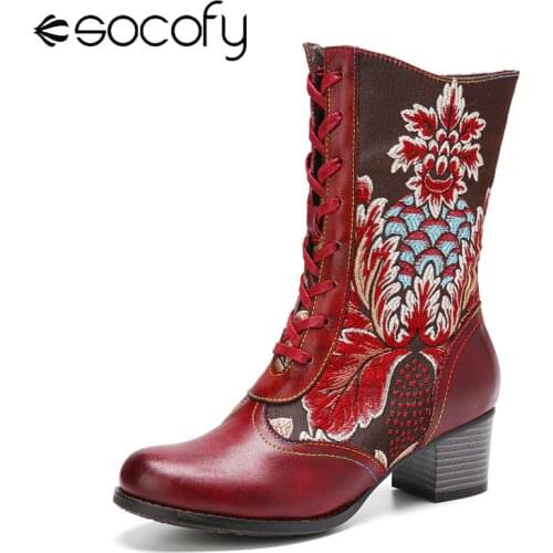 SOCOFY Retro Style Flower Embroidery Boots Genuine Leather Splicing Comfy Casual Party Heel Short Boots Botas Mujer 2020