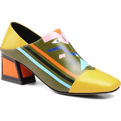 New High Heels Pumps Retro Spring Summer Slip on Ankle Pumps Ladies Shoes Heels Square Toe Genuine Leather Female Shoes Heels