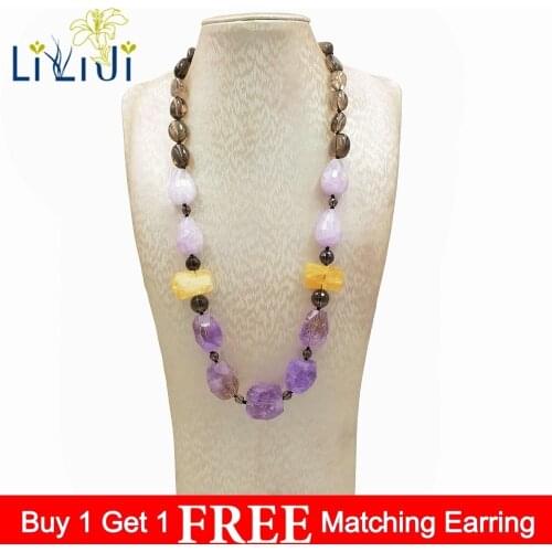 LiiJi Unique Natural Stone Amethysts Citrines Smoky Quartzs Fashion Necklace Approx 53cm/20
