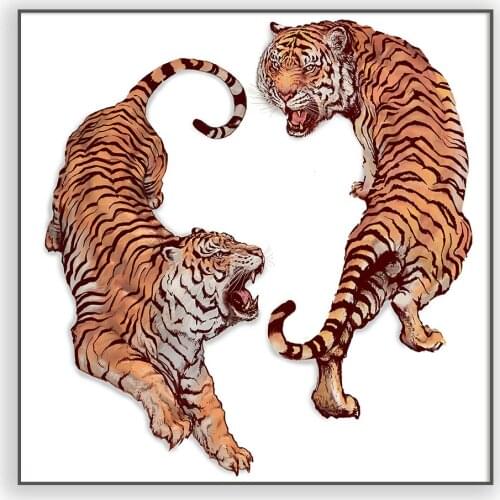 Vintage Poster Print Hand drawn roaring yin yang tigers Wall Art Print Picture Living Room Studio Decor