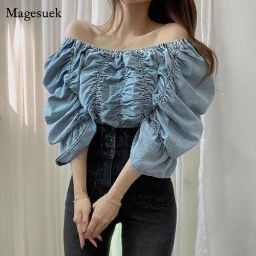 Summer Sexy Denim Women Tops 2021 Korean Slash Neck Off-shoulder Blue Blouse Women Short Sleeve Chic Pleated Loose Shirt 14520