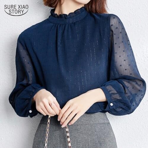 2021 Lace Collar Long-sleeved Blouse Women Autumn Bright Silk Thread Lady Shirt Comfort Blue Chiffon Blouse Blusas Mujer15810