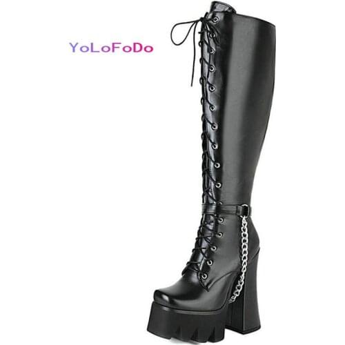 Platform Square High Heel Women Knee High Boots PU Leather Cross Tied Zipper Ladies Calf Boots Fashion Fall Winter Womens Boots