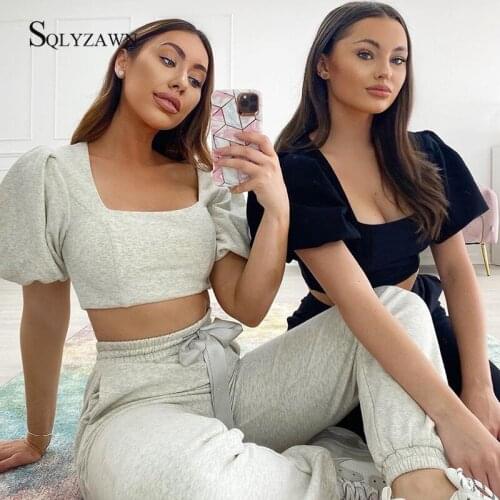 Ribbon Drawstring Trousers Active Wear Womens Two Piece Set Lantern Sleeve Square Collar T-shirt Harem Pants Casual Sweatsuit