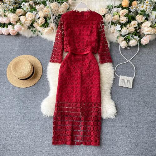 Sexy Half Sleeve Lace Patchwork Straight Full Dress Elegant OL Work Party Bodycon Pencil Dress Lady Hollow Out Simple Midi Dress