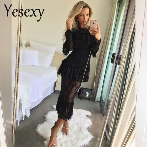 Yesexy 2021 Sexy High Neck Long Sleeve Ruffles Summer Dresses See Through Elegant White Color Lace Dress VR8377
