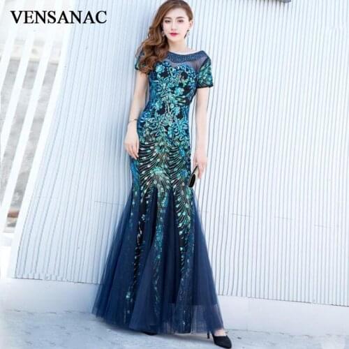 VENSANAC Illusion Crystal O Neck Sequined Mermaid Long Evening Dresses Party Short Sleeve Backless Prom Gowns