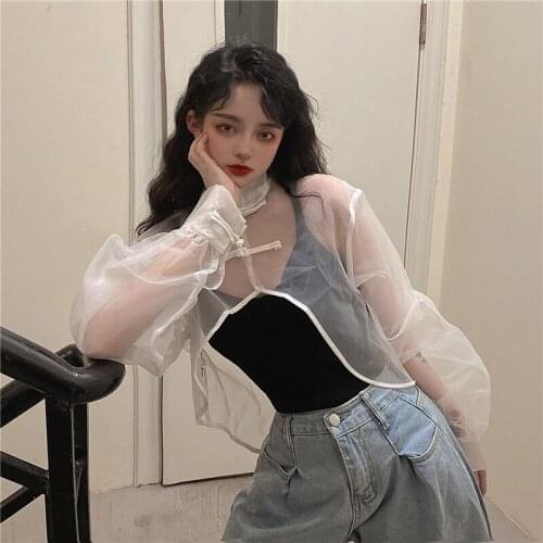 2020 Mesh Transparent Tang Suit White See Through Asymmetric Shirt Cheongsam Top Chinese Style Clothing Women Fashion