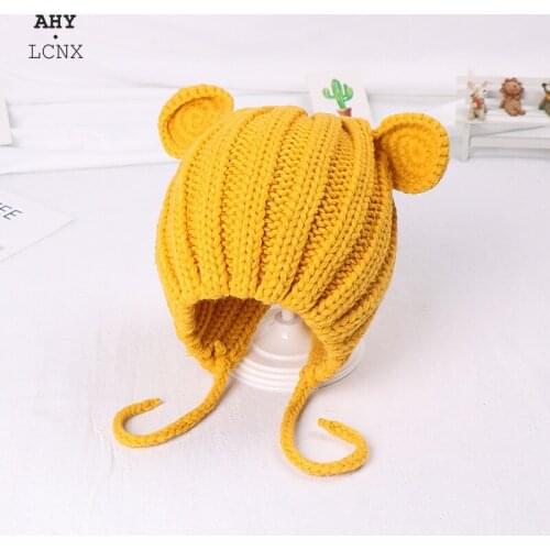 2021 New Knitted Winter Baby Hat with Ears Cute Cartoon Lace-up Children Kids Baby Boys Girls Bonnet Cap Warm Hats for 1-4 Years