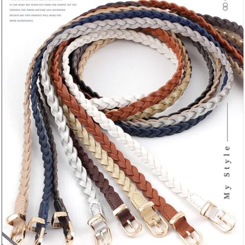 2021 New Womens Dress Thin Belt Pu Leather Braided Belt Golden Pin Buckle 1.2cm Width New Fashion Causal Waistband Length 110cm