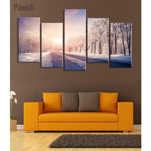 5 panel Modern Natural beauty highway and tree hd Art print canvas art wall unframed paintings for living room wall picture