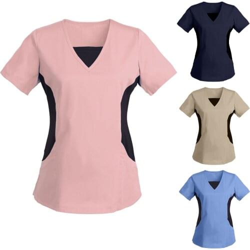 Working Nurse Uniform Blouse Solid Color V Neck Short Sleeve Nursing Blouse for Women Patchwork Pocket Uniforme Enfermera