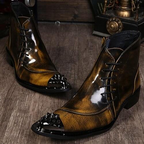 Christia Bella British Style Rivet Pointed Toe Male Party Dress Boots Genuine Leather Men Plus Size Boots Mens Zip Short Boots