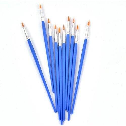 Hot Sales New 10Pcs Blue Plastic Nylon Hair Artist Paint Brush Acrylic Watercolor Round Fine Hand Point Tip