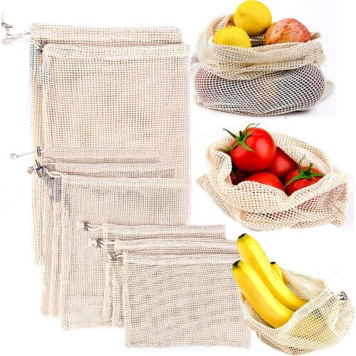 1pcs Reusable Cotton Vegetable Bags Home Kitchen Fruit And Vegetable Storage Mesh Bags With Drawstring Machine Washable 3 Size