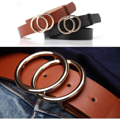 Soft PU Leather Double Ring Buckle Lady Waistband Solid Vintage Female Casual Belt Tighten All-Match Lightweight Women Band