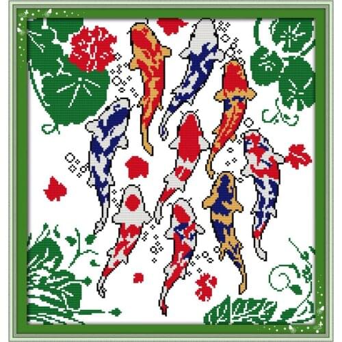 Nine carp swimming cross stitch kit 18ct 14ct 11ct count printed canvas stitching embroidery DIY handmade needlework