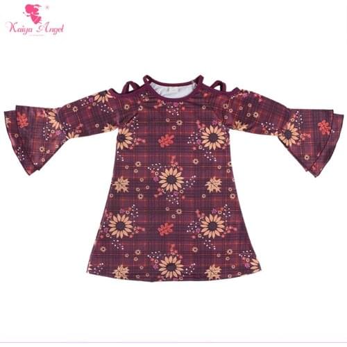 Kaiya Angel Latest Design Toddler Girls Clothes Ruffle Long Sleeve Plaid Sunflowers Printed Princess Dress Factory Wholesale