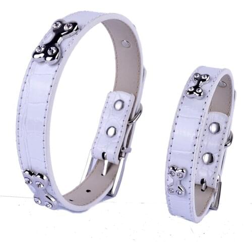 Small Pet Dog Collars Pu Croc Leather Rhinestones Bone Studded Collar Adjustable Size S M Pet Neck Strap