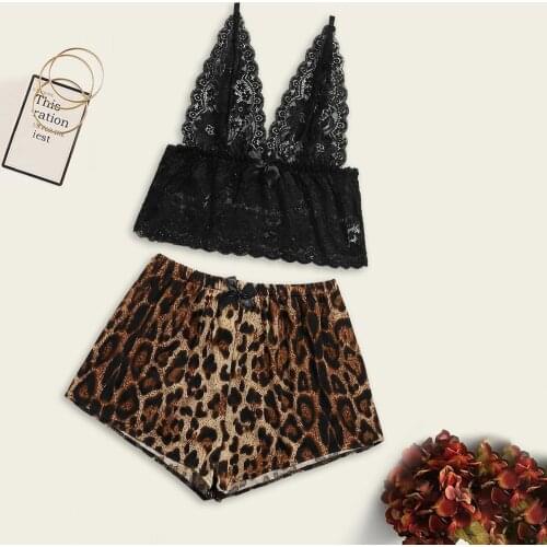 Pajamas Prant Sets Tops Black Lace Flower Summer Sleeveless V-Neck+Leopard Shorts Pajamas for Women Bielizna Damska Drop Ship
