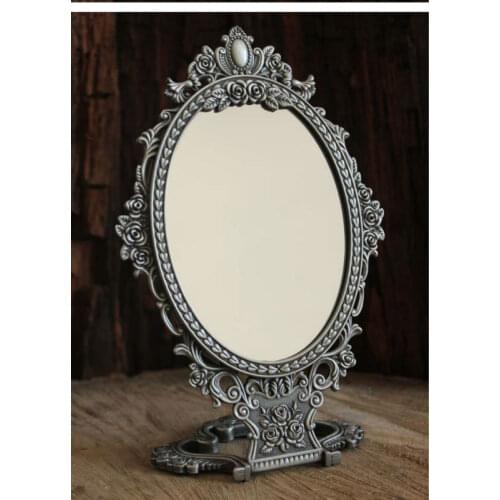 2X magnifying vintage double-face folding table desktop retro metal makeup cosmetic mirror embossed rose small 335S