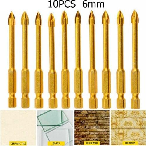 10pcs Glass Drill 6mm Titanium Ceramic Tile Marble Glass Drill Bits Spear Head Hex Shank