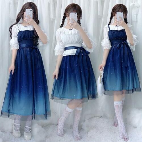 Japanese sweet lolita dress vintage starry sky gradient gauze princess victorian dress kawaii girl gothic lolita jsk loli cos