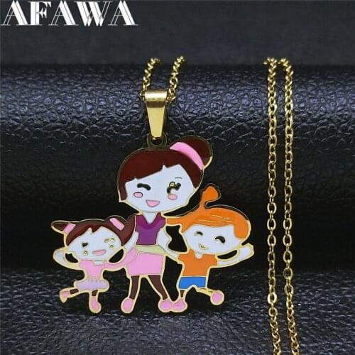 Stainless Steel Multicolor Enamel Family and Kids Necklaces Chain Gold Color Pendants Necklaces Jewelry collares mujer N9513S01