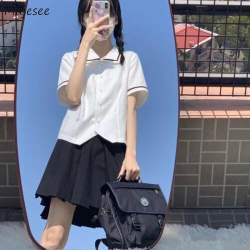 Women Sets Preppy Style Students Japan Short Sleeve Loose Shirts Pleated High-waist Solid Skirts Summer Girls Sweet Daily Chic