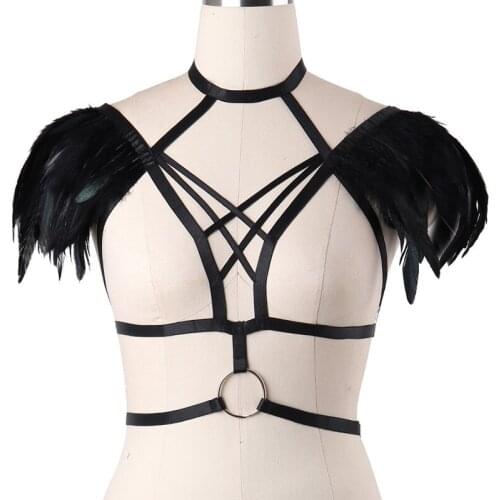Women Black Feather Body Harness Bra feather O-Ring corset BurningMan halloween burlesque festival epaulette Goth Lingerie